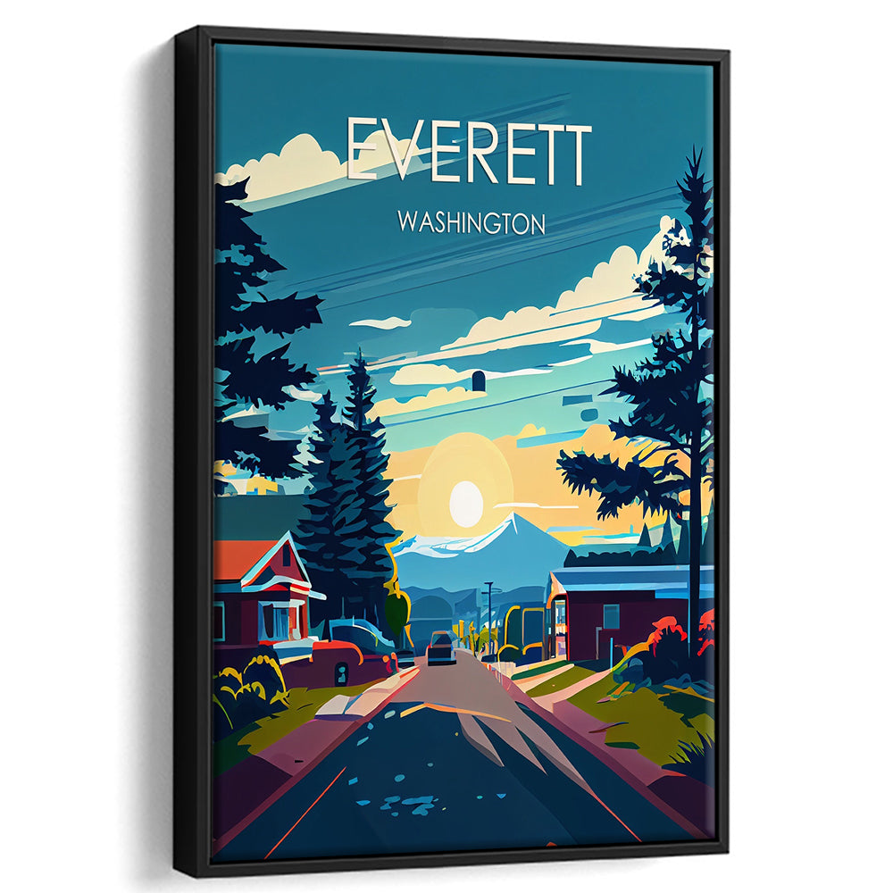 Everett Washington Retro Art Print, Everett City Wall Art, Floating Framed Canvas Print, Framed Picture, Painting Canvas