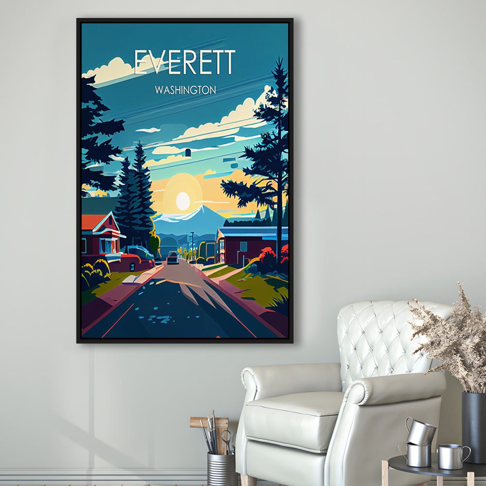 Everett Washington Retro Art Print, Everett City Wall Art, Floating Framed Canvas Print, Framed Picture, Painting Canvas