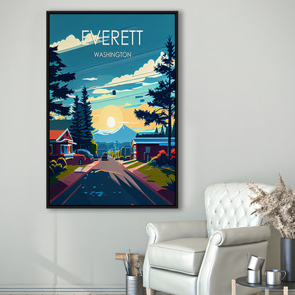 Everett Washington Retro Art Print, Everett City Wall Art, Floating Framed Canvas Print, Framed Picture, Painting Canvas