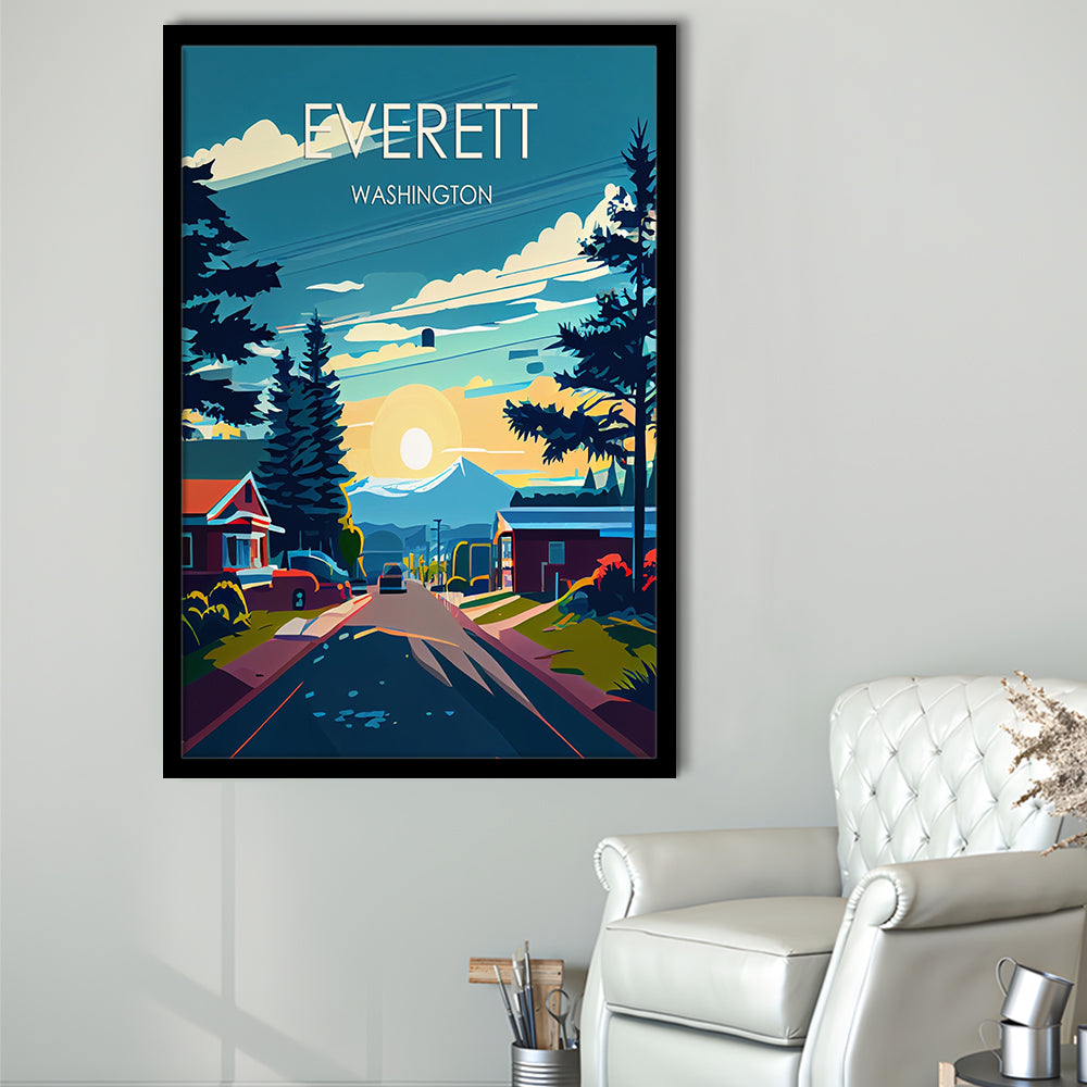 Everett Washington Retro Art Print, Everett City Wall Art, Framed Art Print, Picture Framed, Painting Art