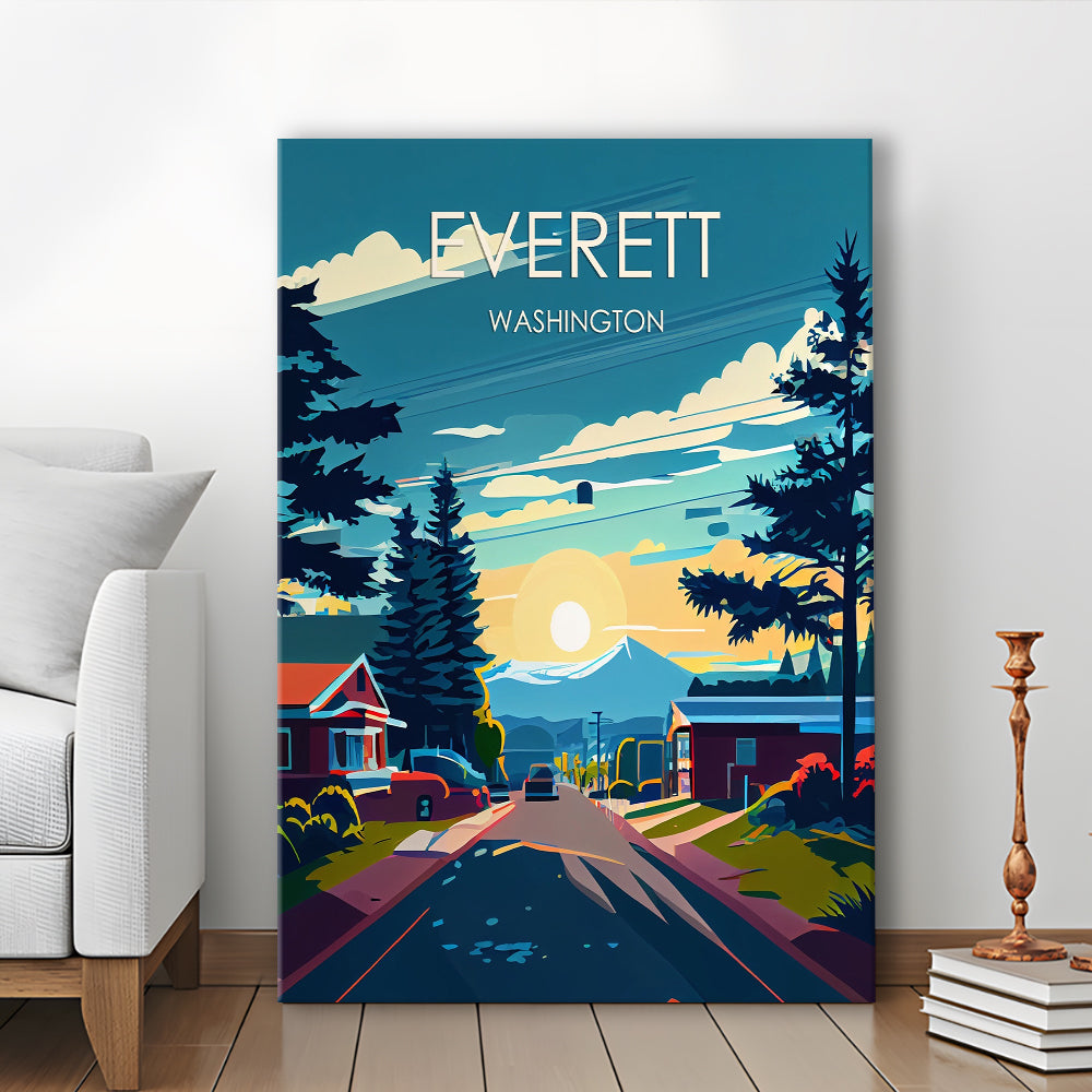 Everett Washington Retro Art Print, Everett City Wall Art, Canvas Print, Painting Canvas, Living Room Decor