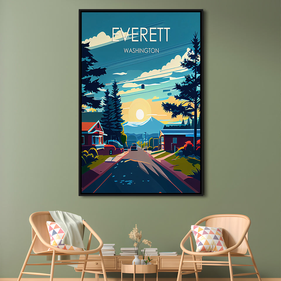 Everett Washington Retro Art Print, Everett City Wall Art, Floating Framed Canvas Print, Framed Picture, Painting Canvas