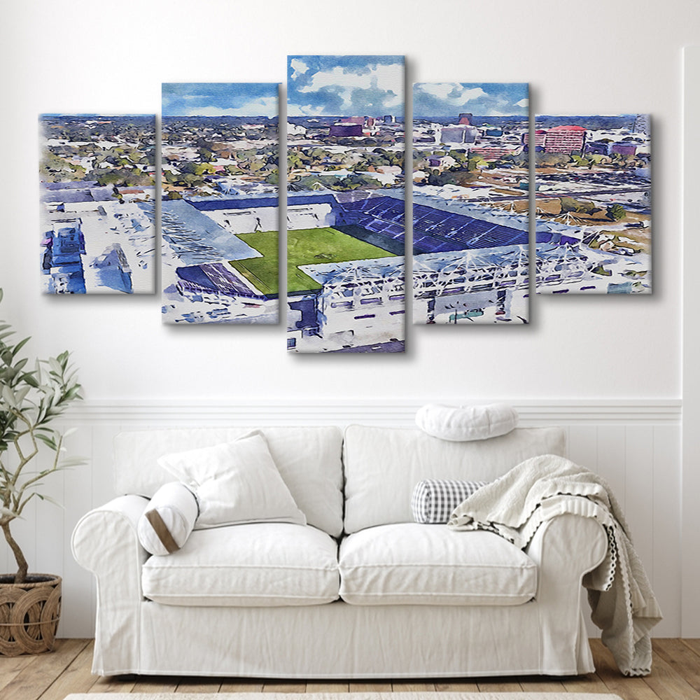Exploria Painting Stadium Watercolor, Orlando Florida Soccer Watercolor, Sport Art, Mixed 5 Panel, Canvas Print Wall Art