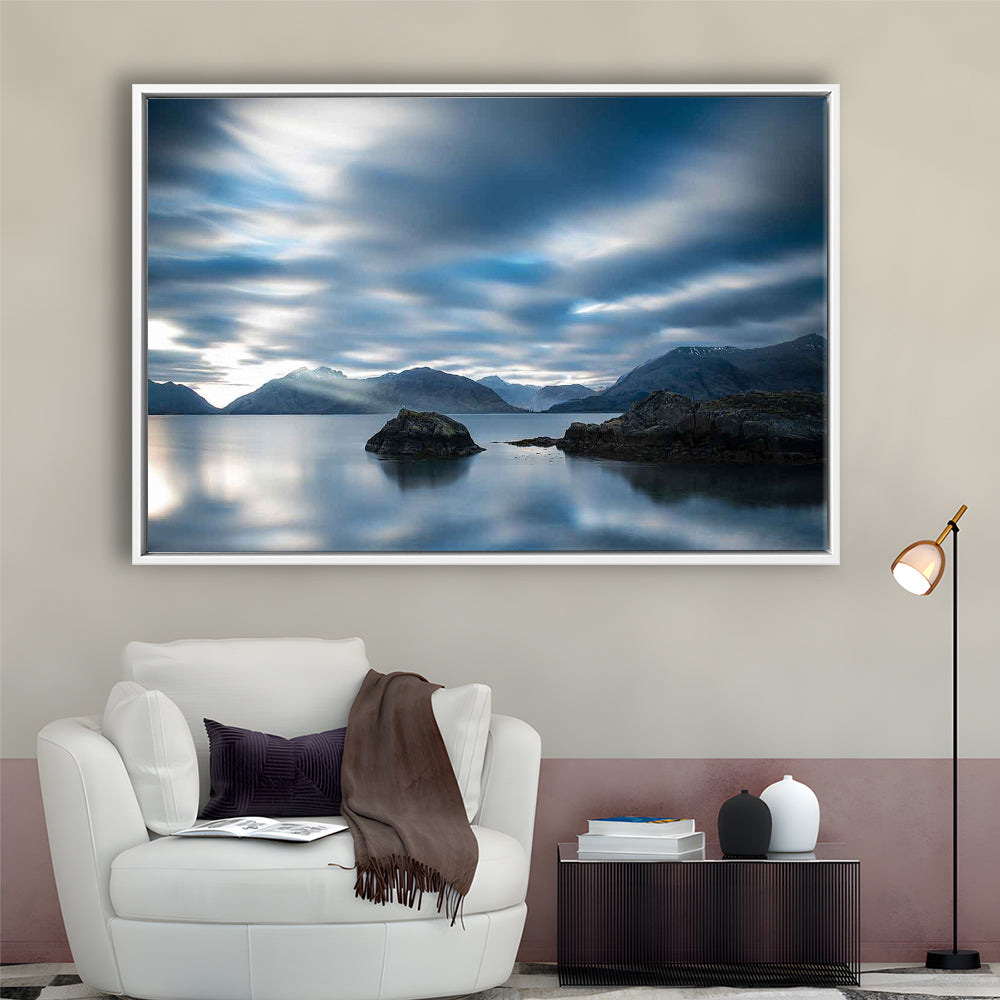 Extra Large Multi Panel Landscape Canvas Print, Blue Tones Wall Decor, Framed Cavas Print, Floating Frame