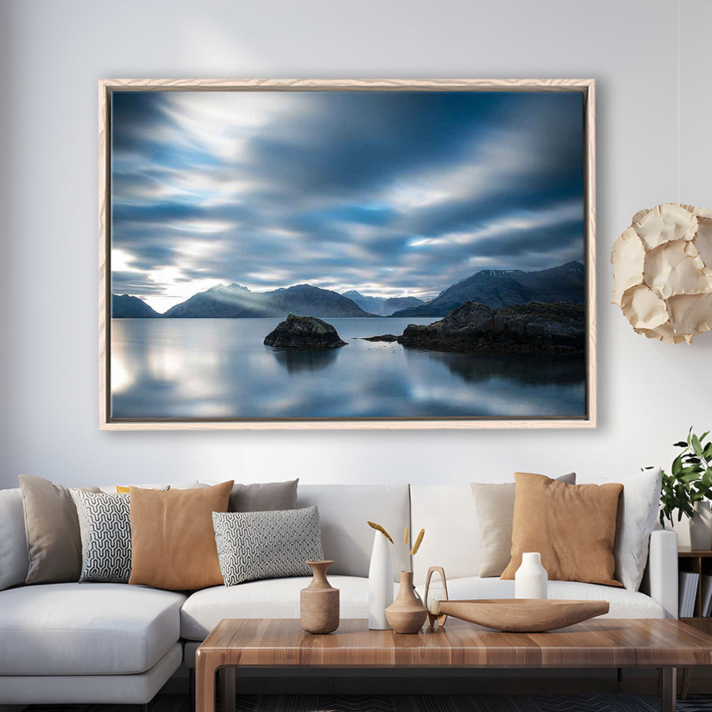 Extra Large Multi Panel Landscape Canvas Print, Blue Tones Wall Decor, Framed Cavas Print, Floating Frame