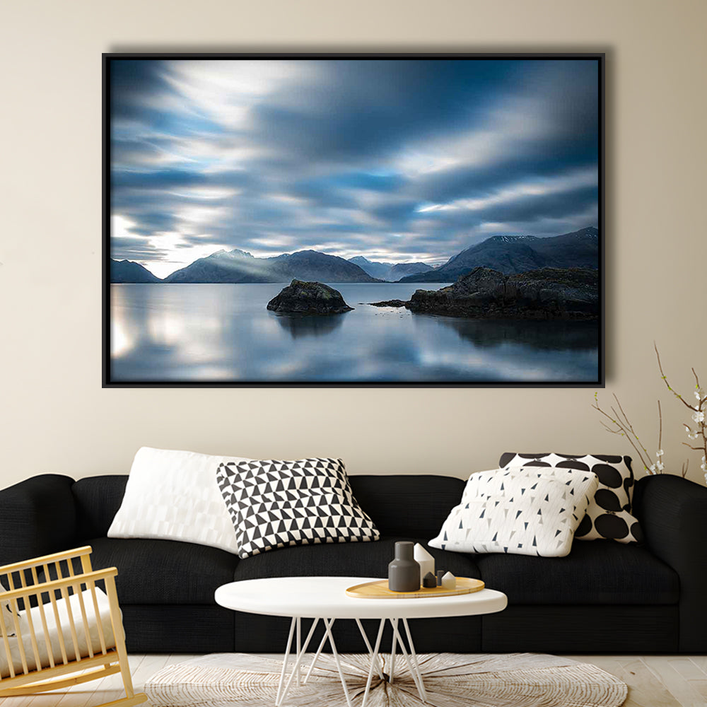 Extra Large Multi Panel Landscape Canvas Print, Blue Tones Wall Decor, Framed Cavas Print, Floating Frame