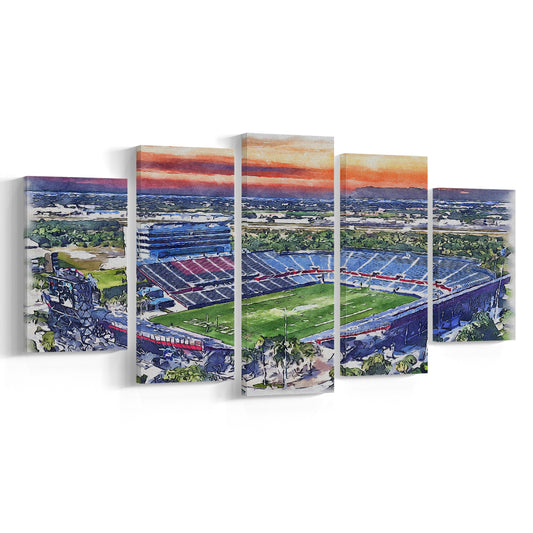 FAU Stadium, Florida Atlantic Painting Stadium Watercolor, Sport Art, Mixed 5 Panel, Canvas Print Wall Art