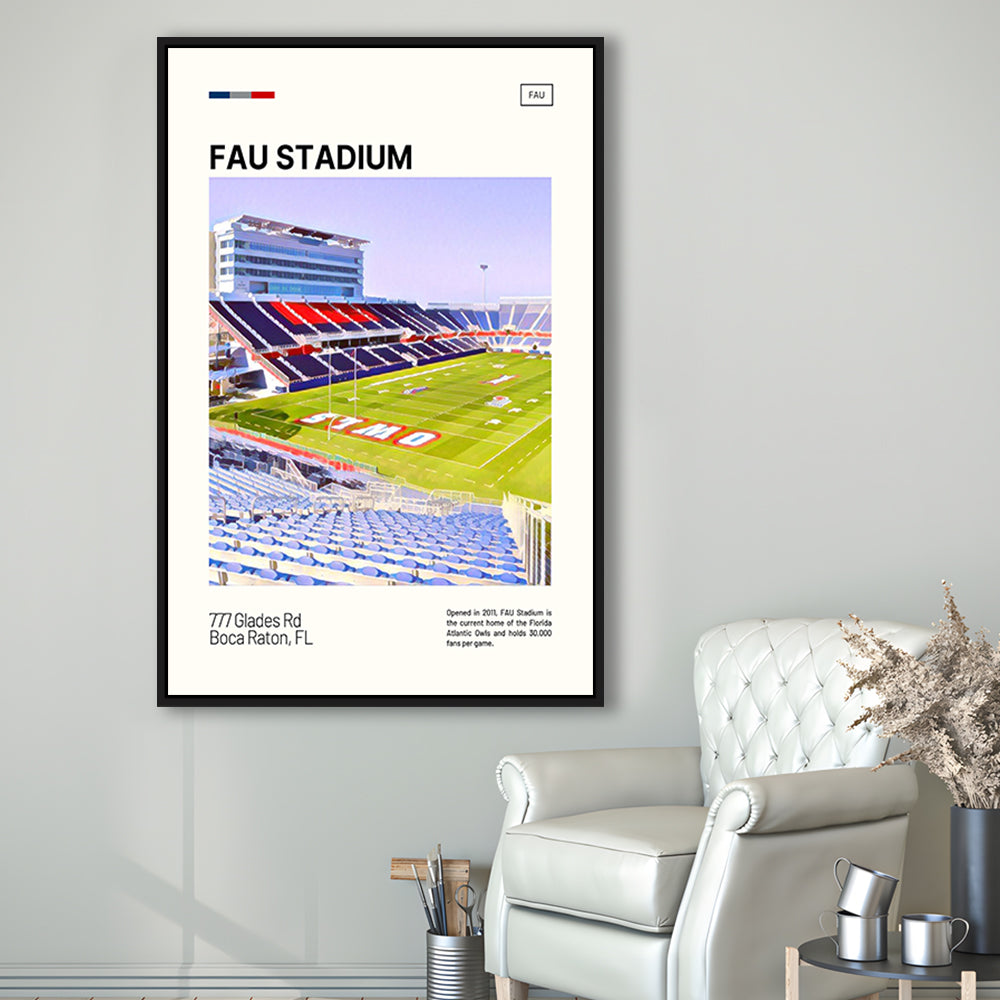 FAU Stadium Print, Florida Atlantic Owls Stadium Canvas Art, Man Cave Gift, Floating Framed Canvas Print Wall Art