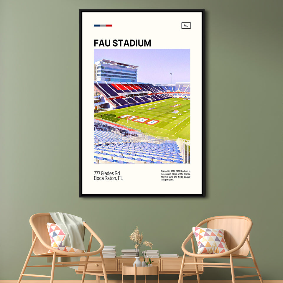 FAU Stadium Print, Florida Atlantic Owls Stadium Canvas Art, Man Cave Gift, Floating Framed Canvas Print Wall Art