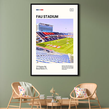 FAU Stadium Print, Florida Atlantic Owls Stadium Canvas Art, Man Cave Gift, Floating Framed Canvas Print Wall Art