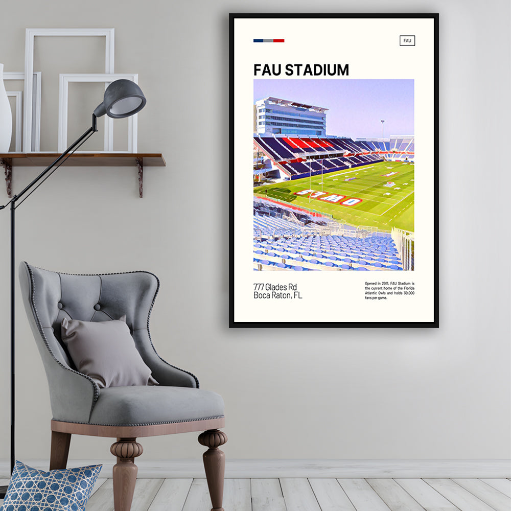 FAU Stadium Print, Florida Atlantic Owls Stadium Canvas Art, Man Cave Gift, Floating Framed Canvas Print Wall Art