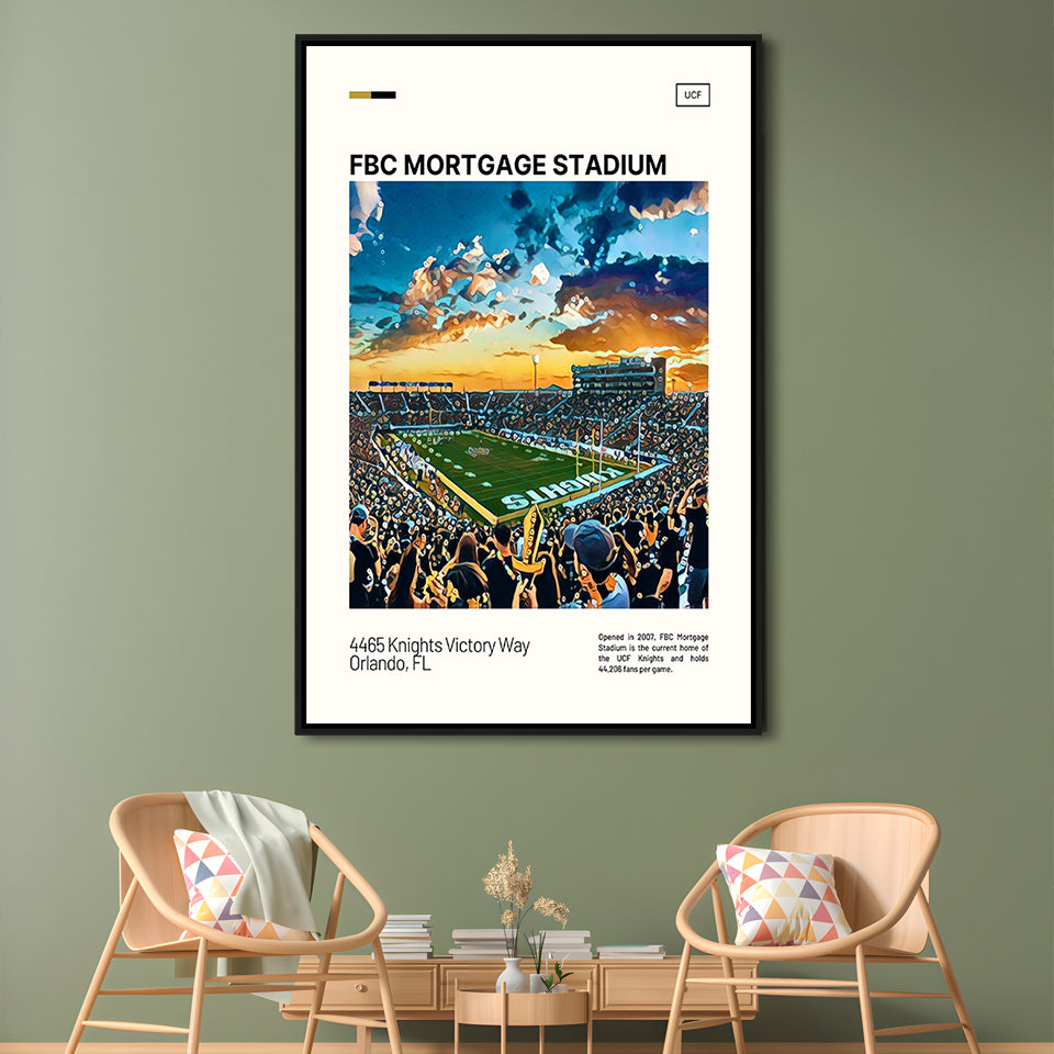 FBC Mortgage Stadium Print, UCF Knights Stadium Canvas Art, Man Cave Gift, Floating Framed Canvas Print Wall Art