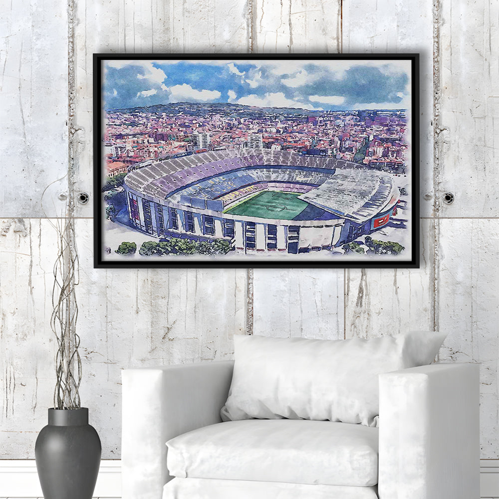 FC Barcelona, Camp Nou Watercolor, Painting Canvas, Sport Gift Art, Framed Canvas Print Wall Art