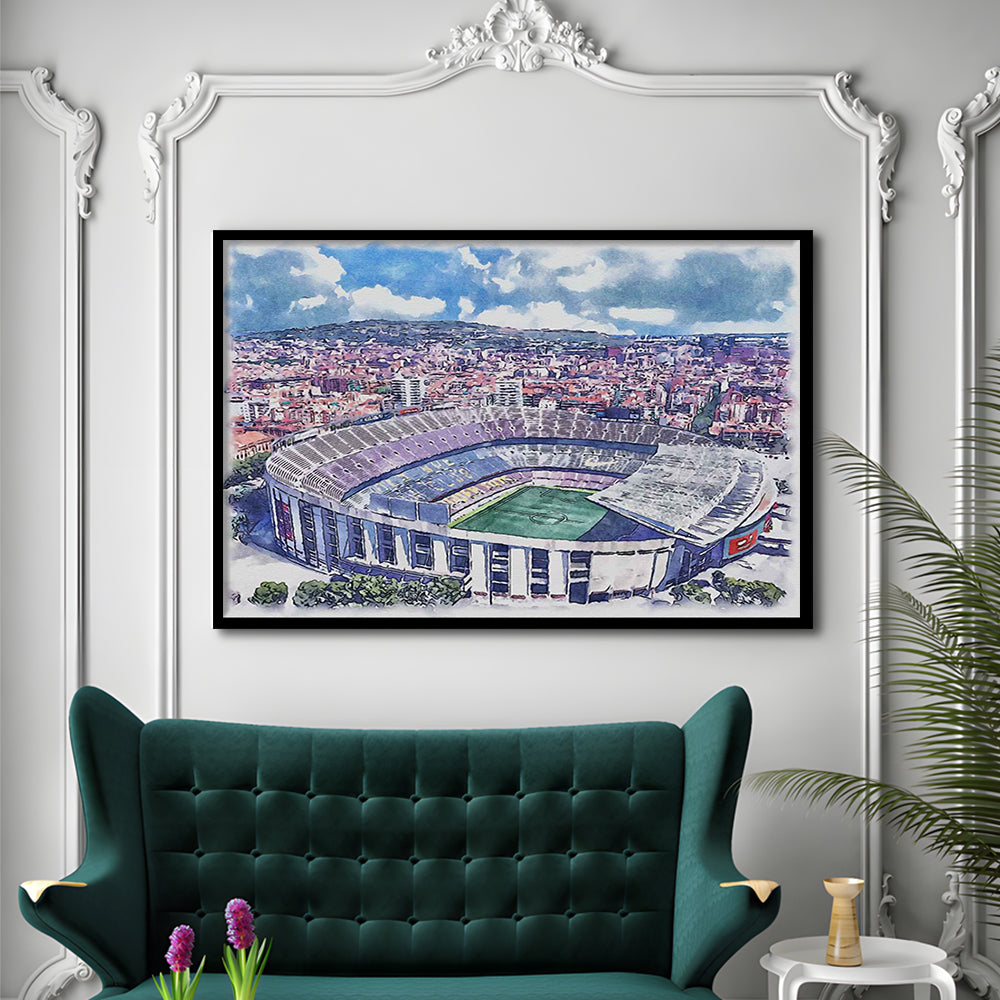 FC Barcelona, Camp Nou Watercolor, Painting Canvas, Sport Gift Art, Framed Art Print Wall Decor