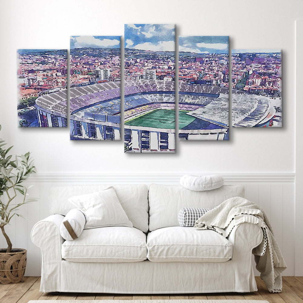 FC Barcelona, Camp Nou Watercolor, Painting Canvas, Sport Art, Mixed 5 Panel, Canvas Print Wall Art