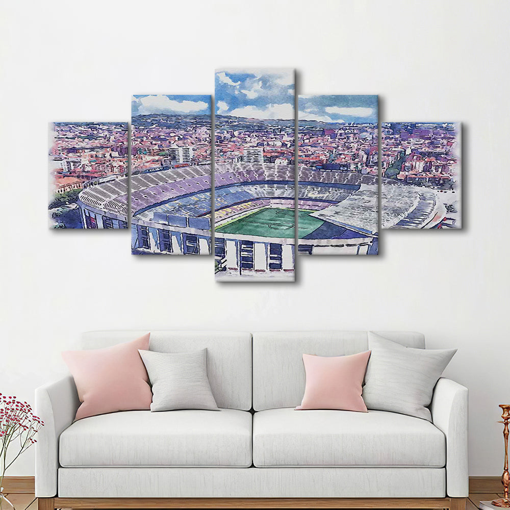 FC Barcelona, Camp Nou Watercolor, Painting Canvas, Sport Art, Mixed 5 Panel, Canvas Print Wall Art