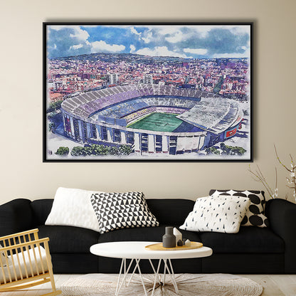 FC Barcelona, Camp Nou Watercolor, Painting Canvas, Sport Gift Art, Framed Canvas Print Wall Art