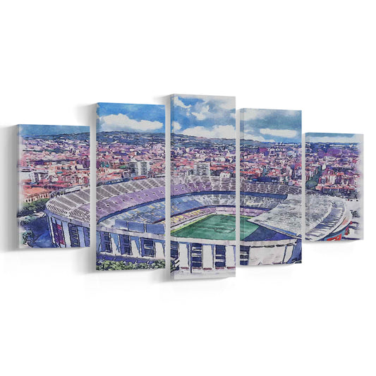 FC Barcelona, Camp Nou Watercolor, Painting Canvas, Sport Art, Mixed 5 Panel, Canvas Print Wall Art