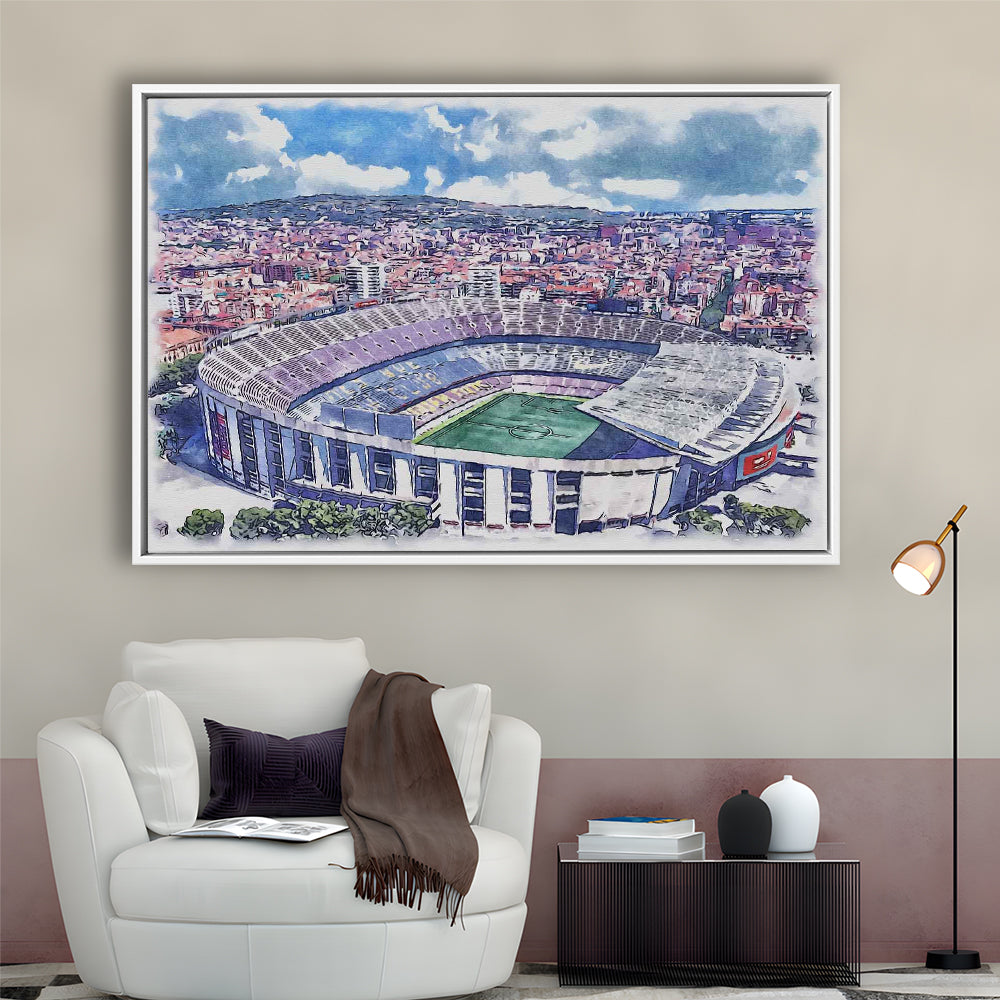 FC Barcelona, Camp Nou Watercolor, Painting Canvas, Sport Gift Art, Framed Canvas Print Wall Art