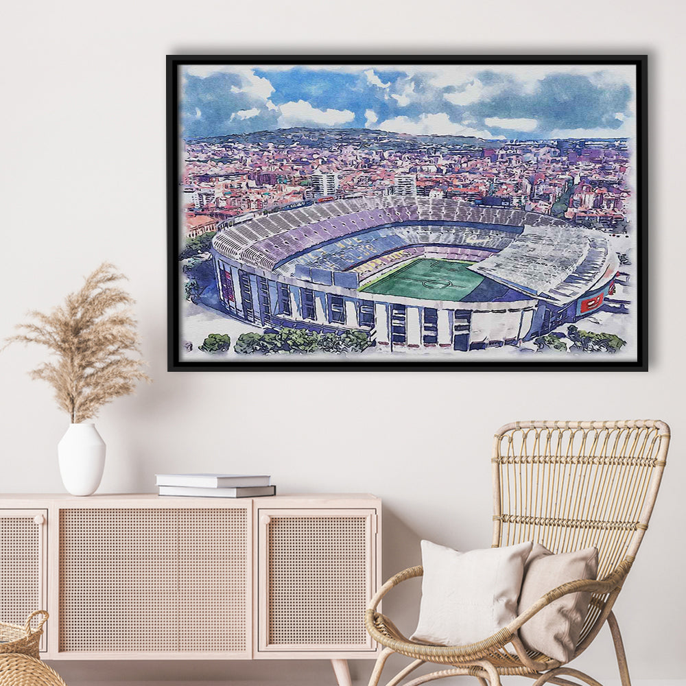 FC Barcelona, Camp Nou Watercolor, Painting Canvas, Sport Gift Art, Framed Canvas Print Wall Art