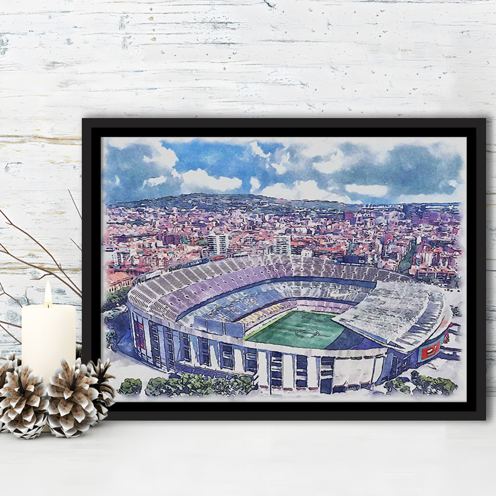 FC Barcelona, Camp Nou Watercolor, Painting Canvas, Sport Gift Art, Framed Canvas Print Wall Art