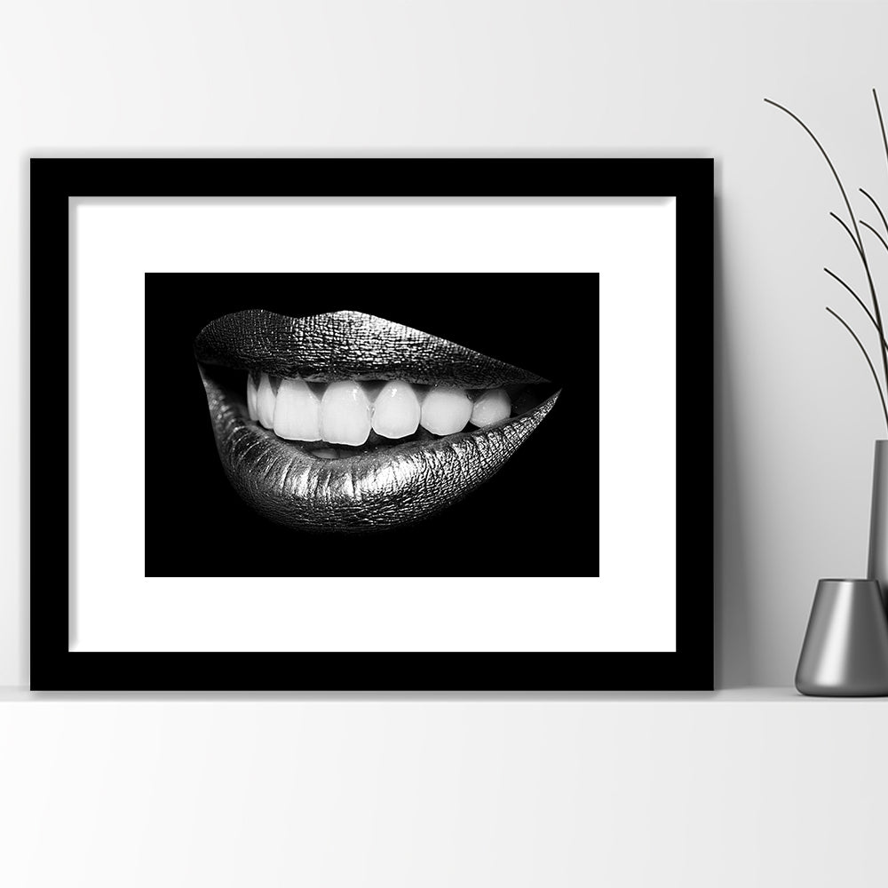 Fabulously Beautiful Smile On A Black Background, Black, Black Wall Art Black Print, Framed Art Print White Border