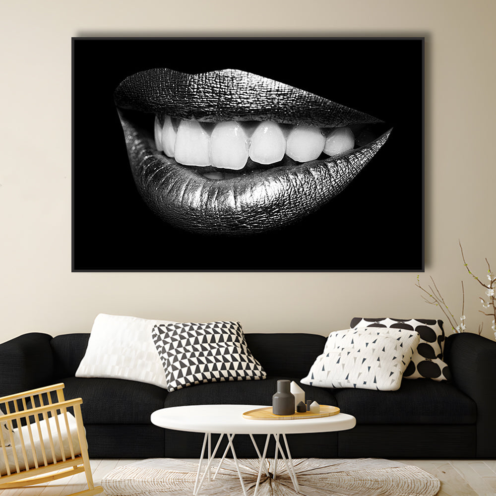 Fabulously Beautiful Smile On A Black Background, Black Canvas, Black Wall Art, Framed Cavas Print, Floating Frame