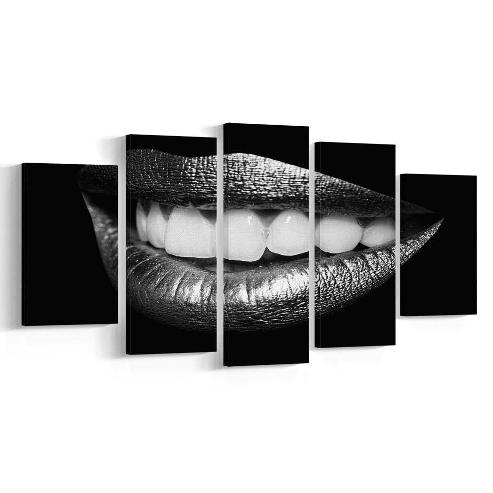 Fabulously Beautiful Smile on a Black Background, Black Canvas, Black Wall Art, 5 Piece Large Cavas Print Wall Art