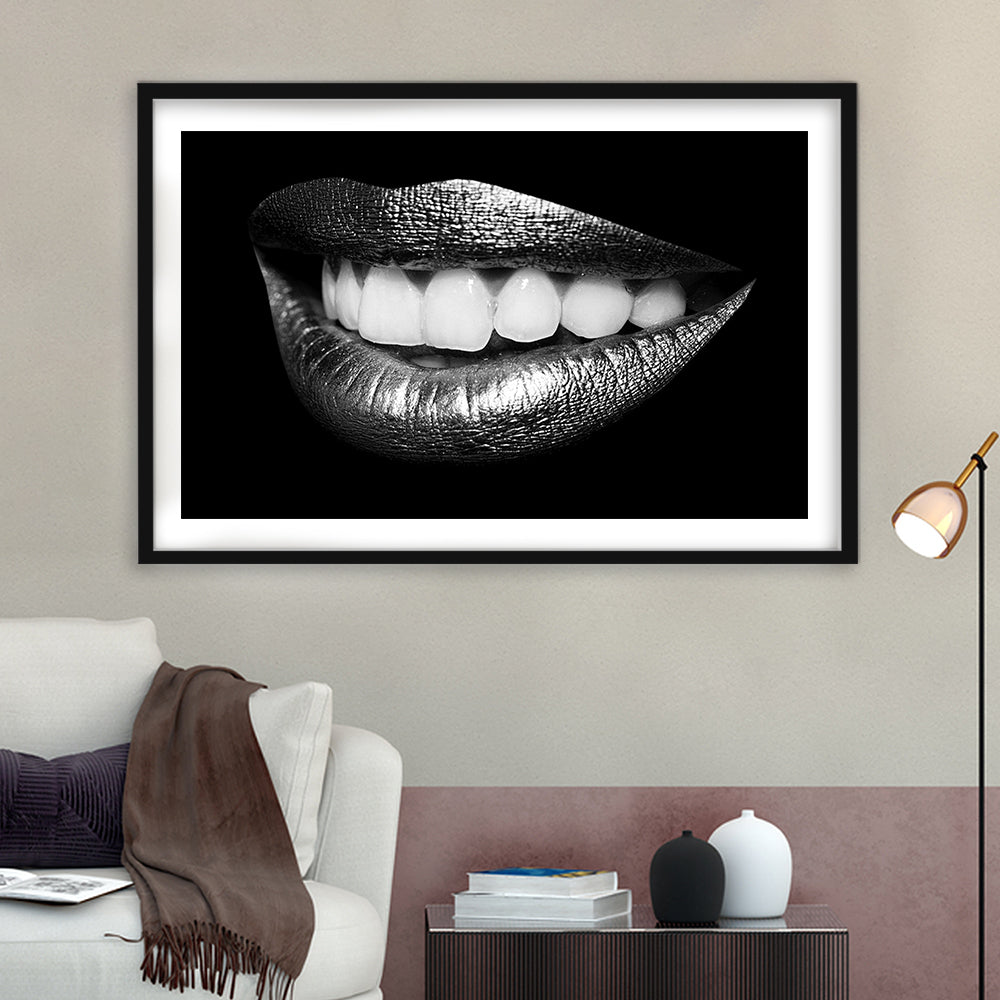 Fabulously Beautiful Smile On A Black Background, Black, Black Wall Art Black Print, Framed Art Print White Border