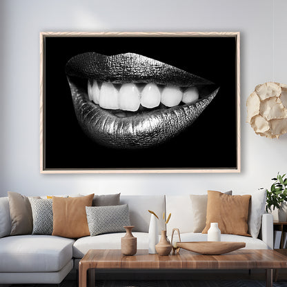 Fabulously Beautiful Smile On A Black Background, Black Canvas, Black Wall Art, Framed Cavas Print, Floating Frame