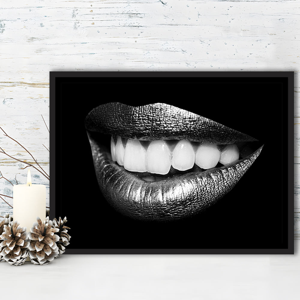 Fabulously Beautiful Smile On A Black Background, Black Canvas, Black Wall Art, Framed Cavas Print, Floating Frame
