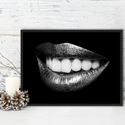 Fabulously Beautiful Smile On A Black Background, Black Canvas, Black Wall Art, Framed Cavas Print, Floating Frame