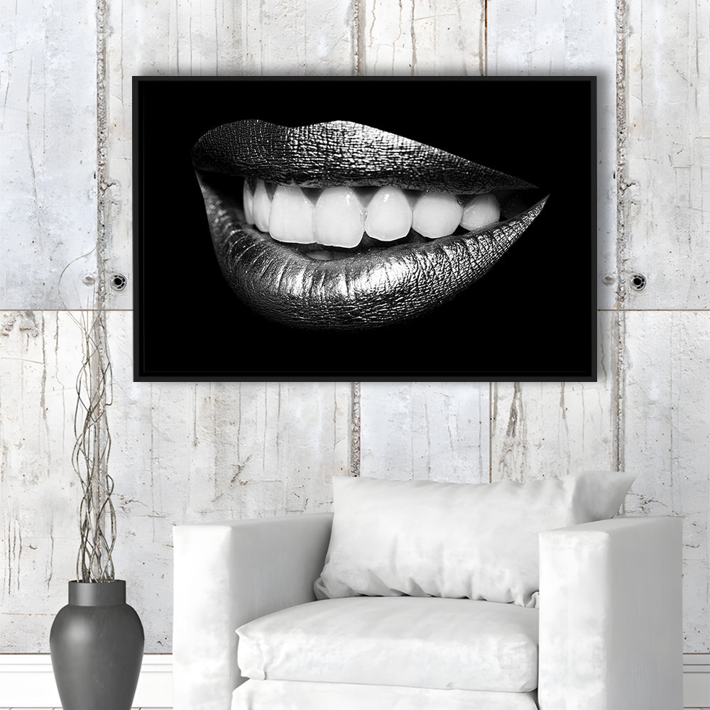 Fabulously Beautiful Smile On A Black Background, Black Canvas, Black Wall Art, Framed Cavas Print, Floating Frame