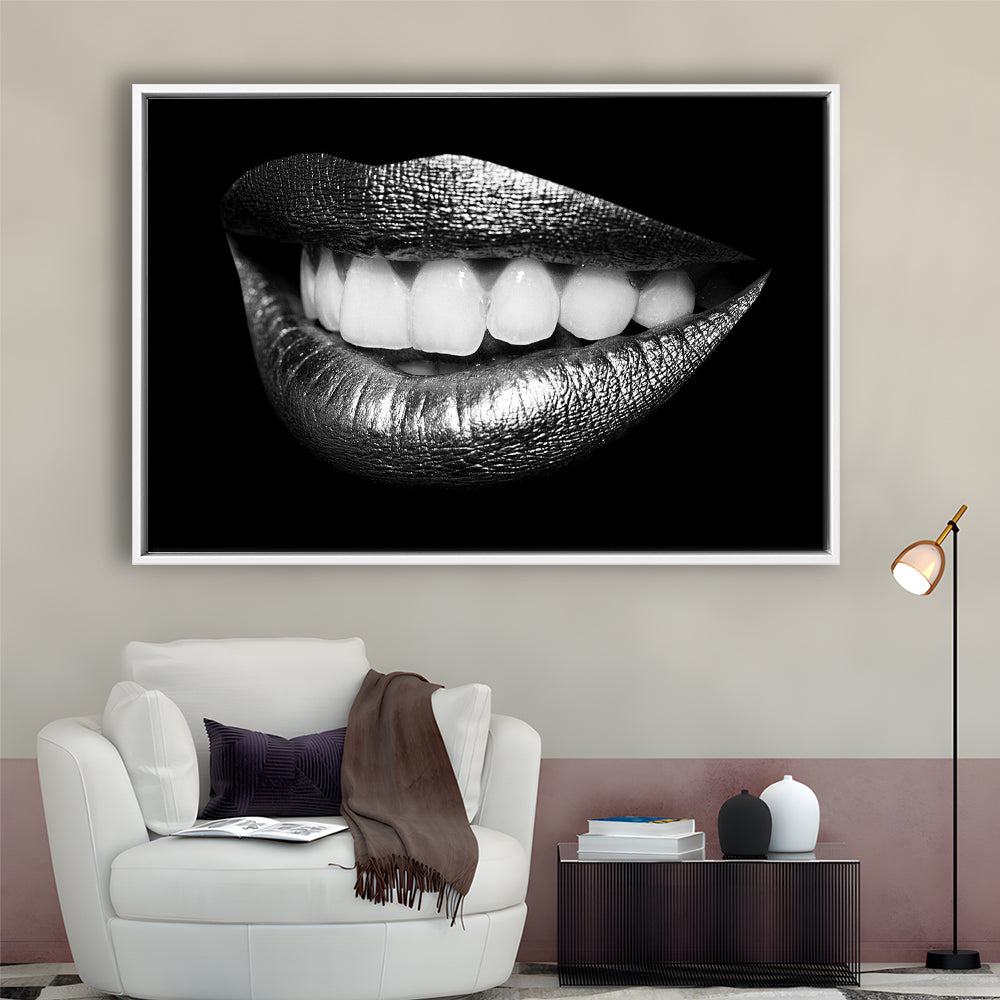 Fabulously Beautiful Smile On A Black Background, Black Canvas, Black Wall Art, Framed Cavas Print, Floating Frame