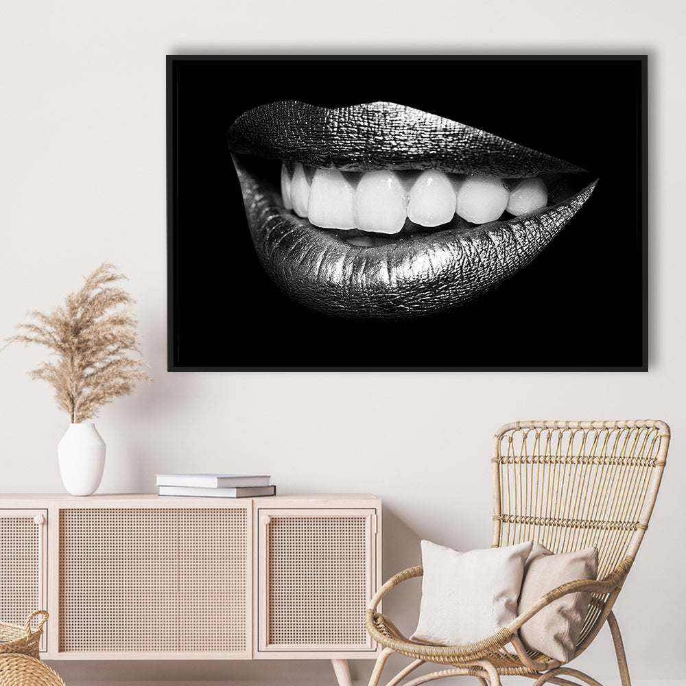 Fabulously Beautiful Smile On A Black Background, Black Canvas, Black Wall Art, Framed Cavas Print, Floating Frame