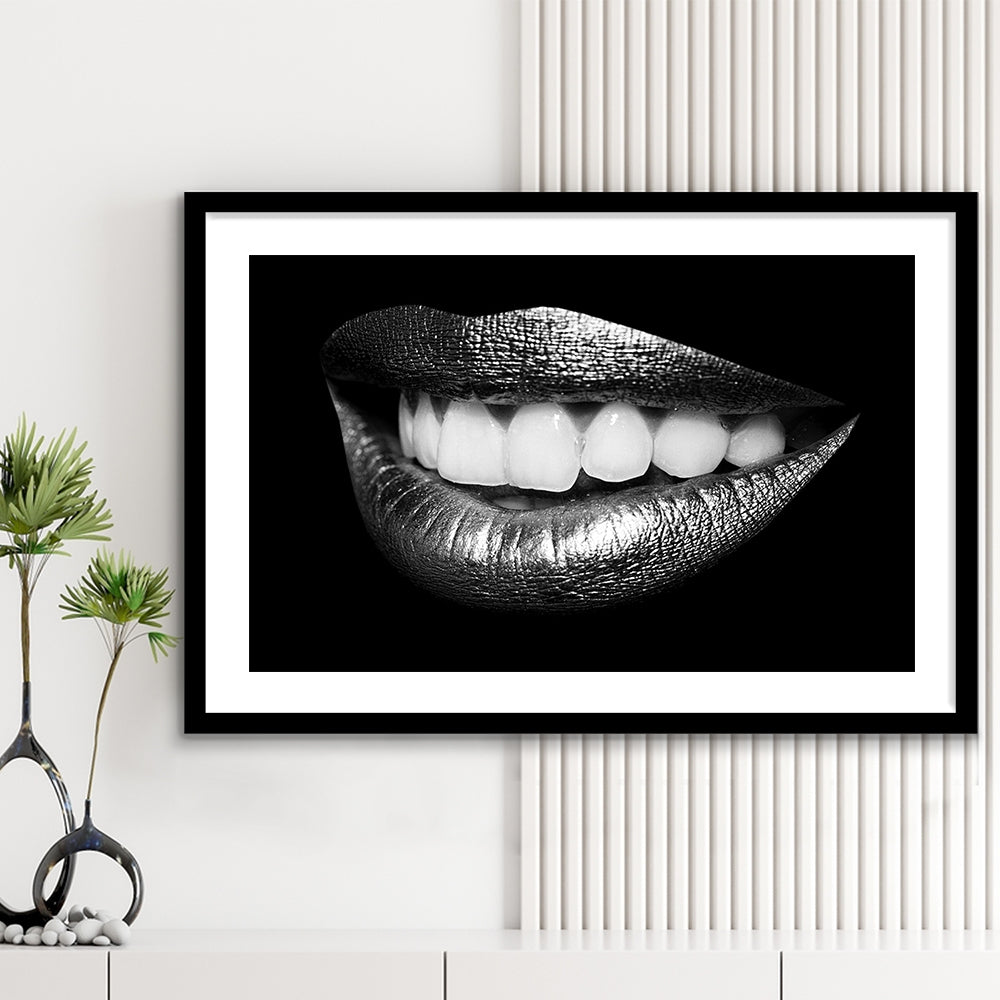 Fabulously Beautiful Smile On A Black Background, Black, Black Wall Art Black Print, Framed Art Print White Border