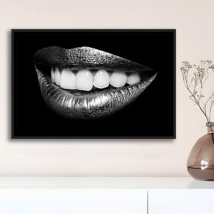 Fabulously Beautiful Smile On A Black Background, Black Canvas, Black Wall Art, Framed Cavas Print, Floating Frame