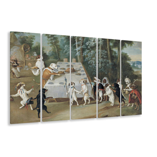 Fall Decor Dogs Oil Painting Vintage, 5 Panels Canvas Print Wall Art, Farmhouse Decors Kitchen Dining Room Wall Art