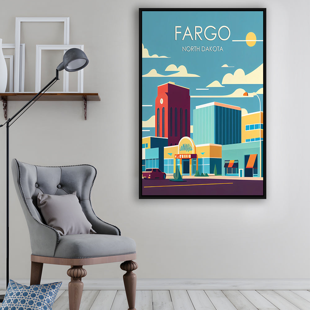Fargo North Dakota Retro Art Print, Fargo City Wall Art, Floating Framed Canvas Print, Framed Picture, Painting Canvas