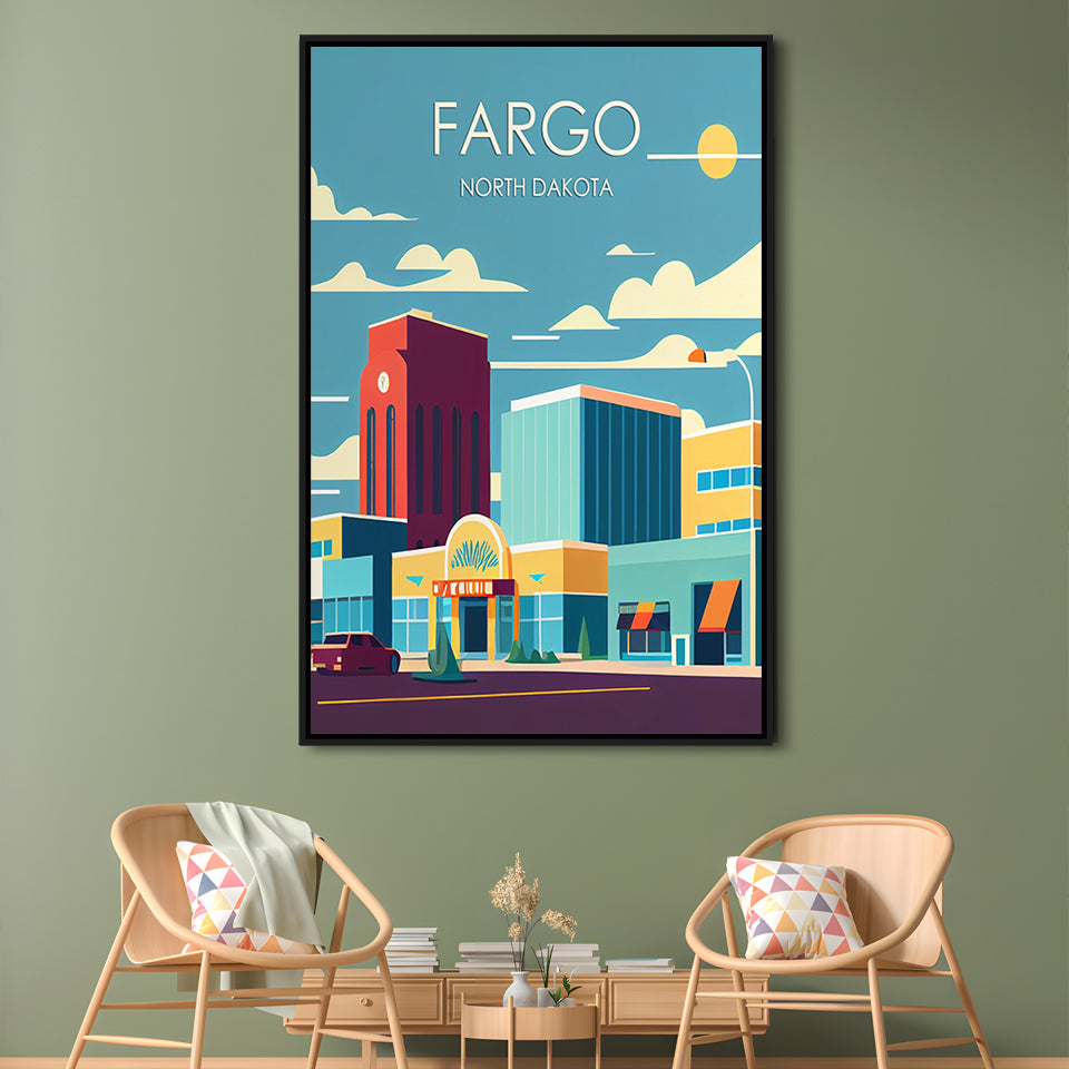 Fargo North Dakota Retro Art Print, Fargo City Wall Art, Floating Framed Canvas Print, Framed Picture, Painting Canvas