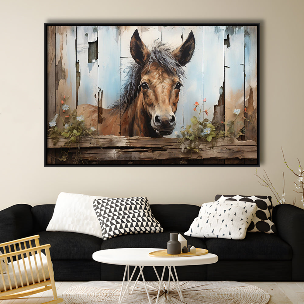 Farmhouse, Farm Horse Rustic Painting On Wood Effect Canvas Print, Framed Canvas Print Wall Art, Floating Frame