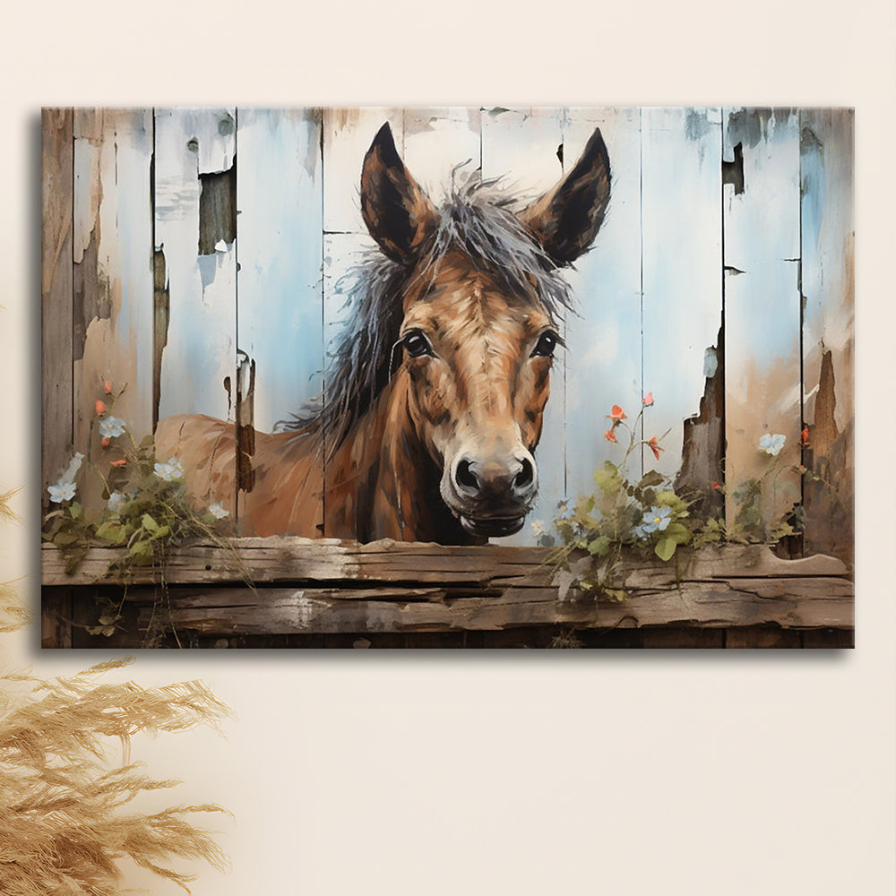 Farmhouse, Farm Horse Rustic Painting On Wood Effect Canvas Print, Canvas Print Wall Art, Wall Decor, Painting Canvas