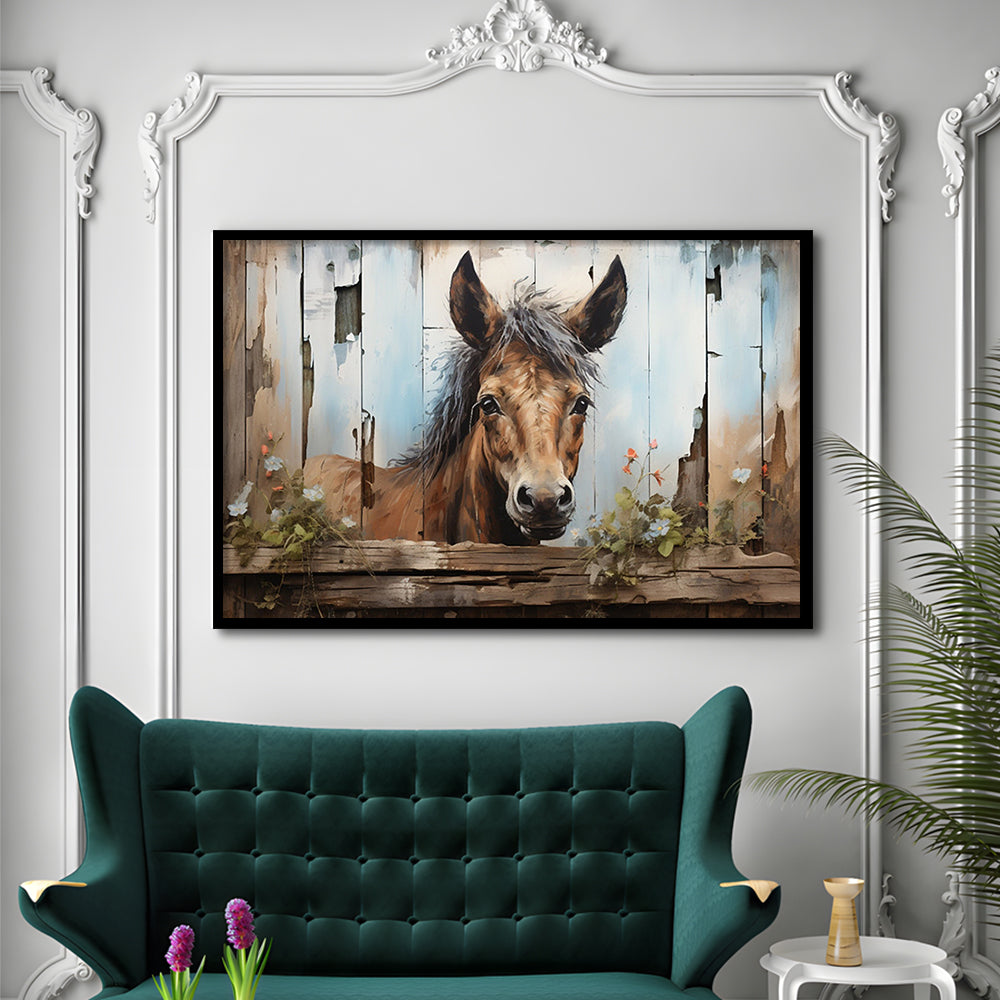 Farmhouse, Farm Horse Rustic Painting on Wood Effect Canvas Print, Framed Art Print Wall Decor, Picture Framed