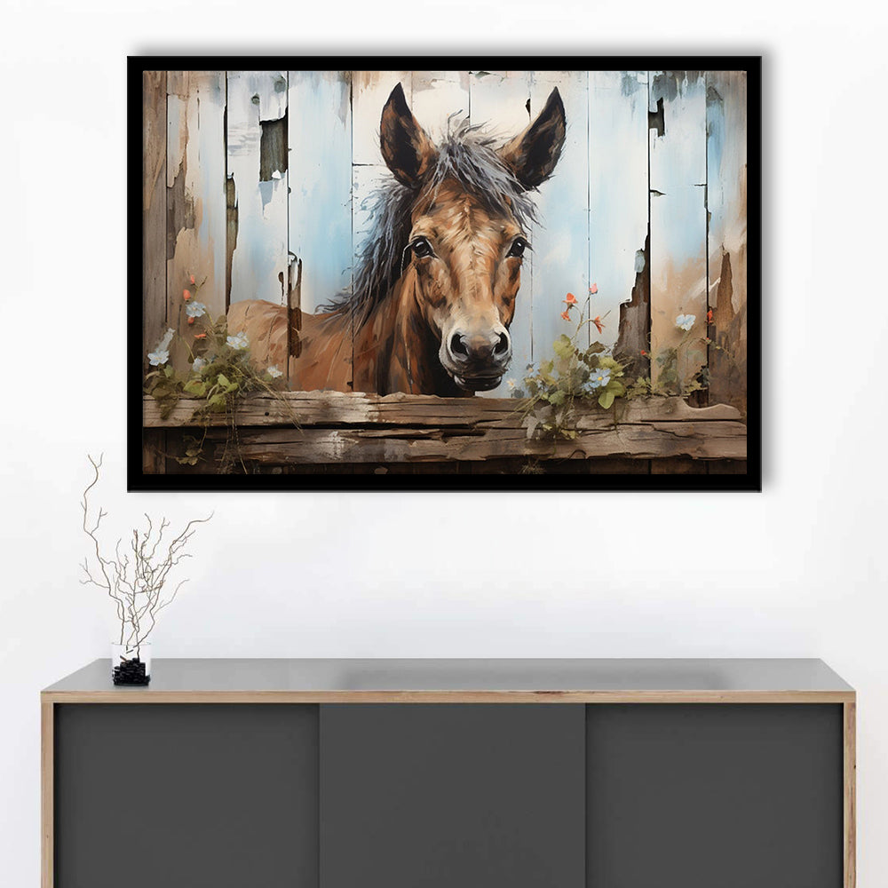 Farmhouse, Farm Horse Rustic Painting on Wood Effect Canvas Print, Framed Art Print Wall Decor, Picture Framed