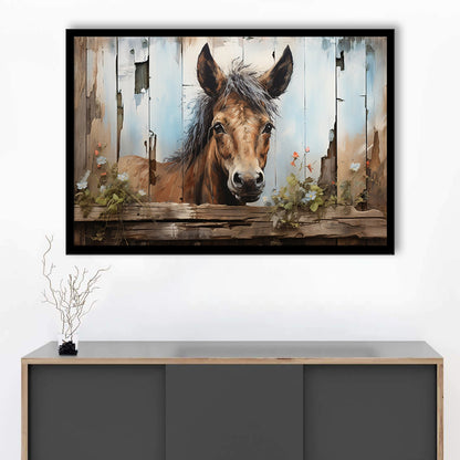 Farmhouse, Farm Horse Rustic Painting on Wood Effect Canvas Print, Framed Art Print Wall Decor, Picture Framed