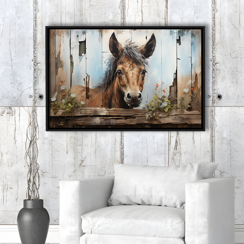 Farmhouse, Farm Horse Rustic Painting On Wood Effect Canvas Print, Framed Canvas Print Wall Art, Floating Frame