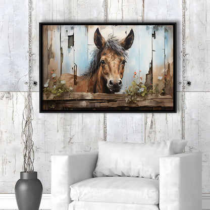 Farmhouse, Farm Horse Rustic Painting On Wood Effect Canvas Print, Framed Canvas Print Wall Art, Floating Frame