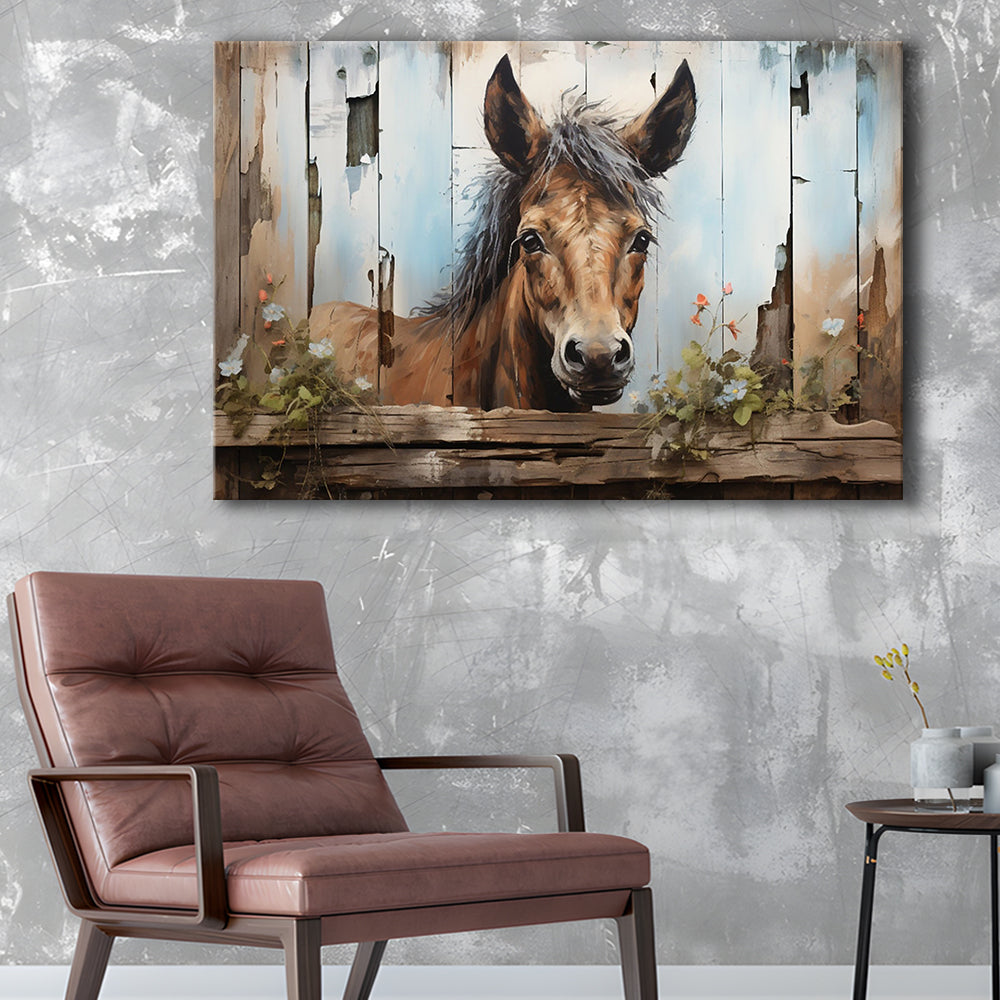 Farmhouse, Farm Horse Rustic Painting On Wood Effect Canvas Print, Canvas Print Wall Art, Wall Decor, Painting Canvas