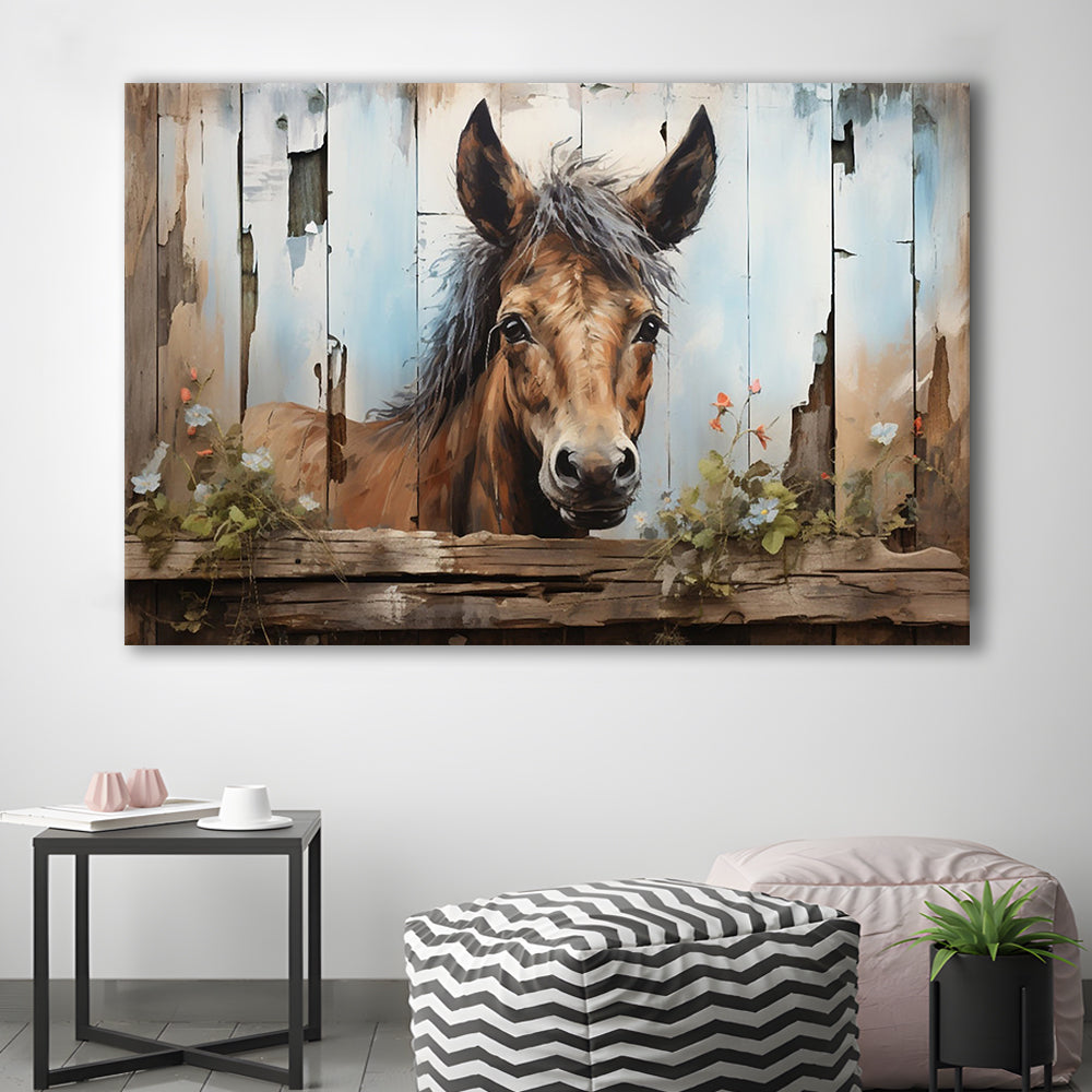Farmhouse, Farm Horse Rustic Painting On Wood Effect Canvas Print, Canvas Print Wall Art, Wall Decor, Painting Canvas