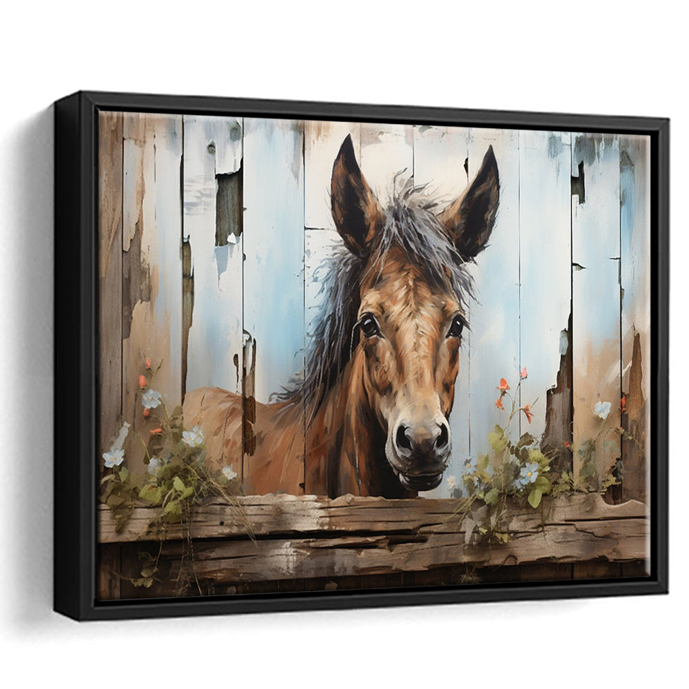 Farmhouse, Farm Horse Rustic Painting On Wood Effect Canvas Print, Framed Canvas Print Wall Art, Floating Frame